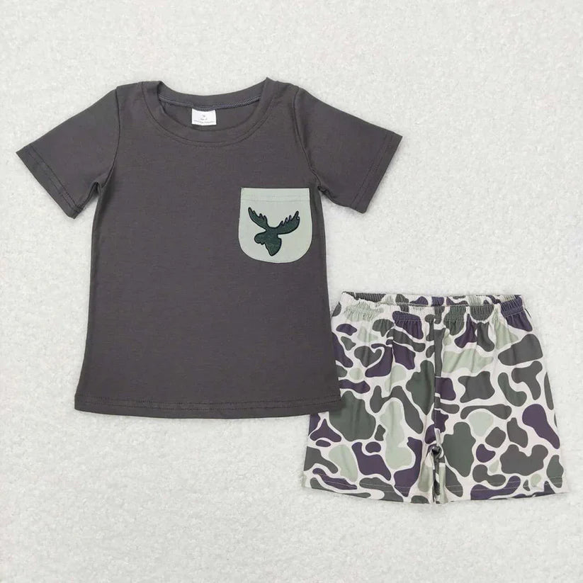 Mallard duck camo pocket top brown shorts boy summer outfit