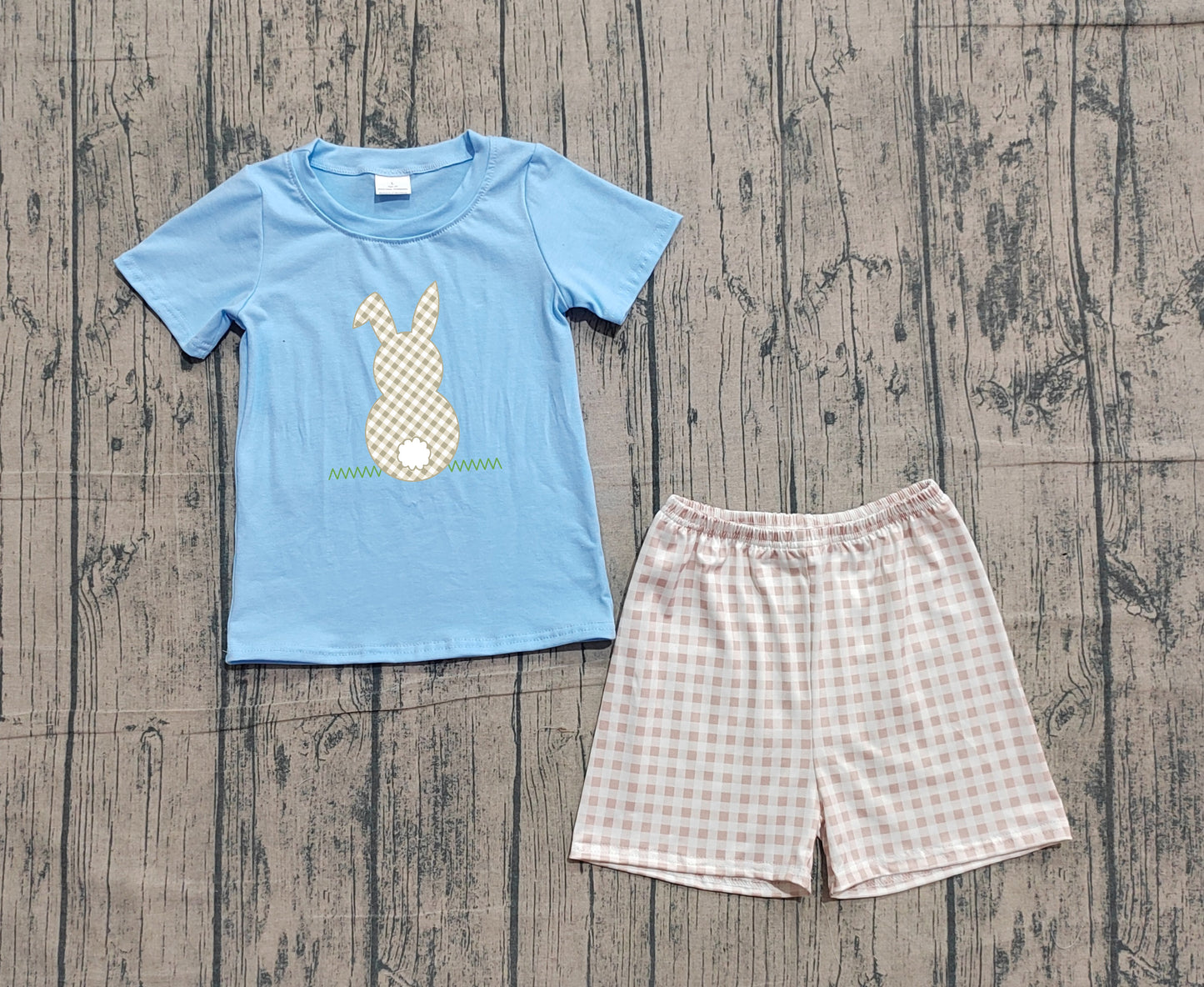 boy Easter bunny brown gingham embroidery outfit preorder