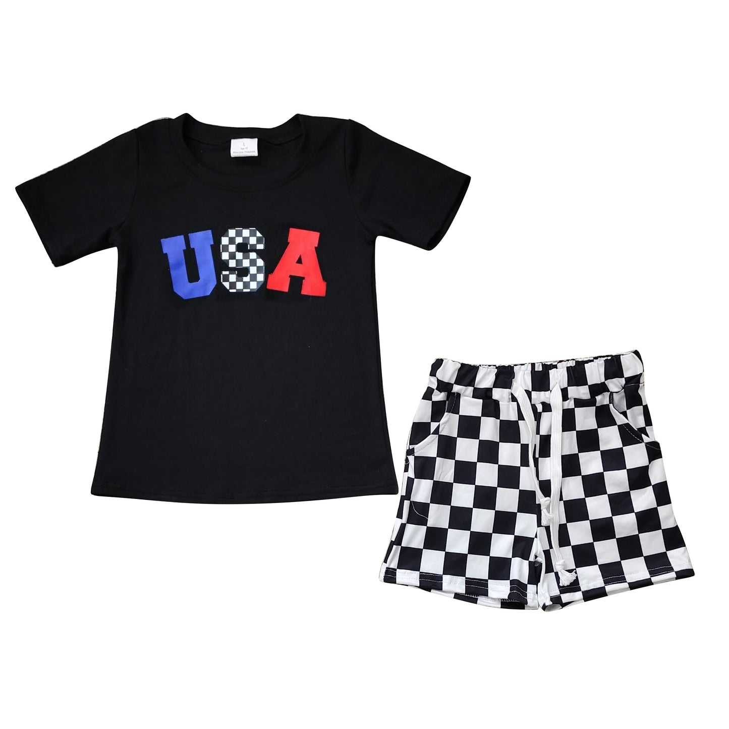 USA july 4th black shirt black checkered shorts outfit preorder