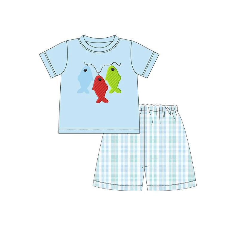 Toddle boy blue plaid fishing outfit preorder