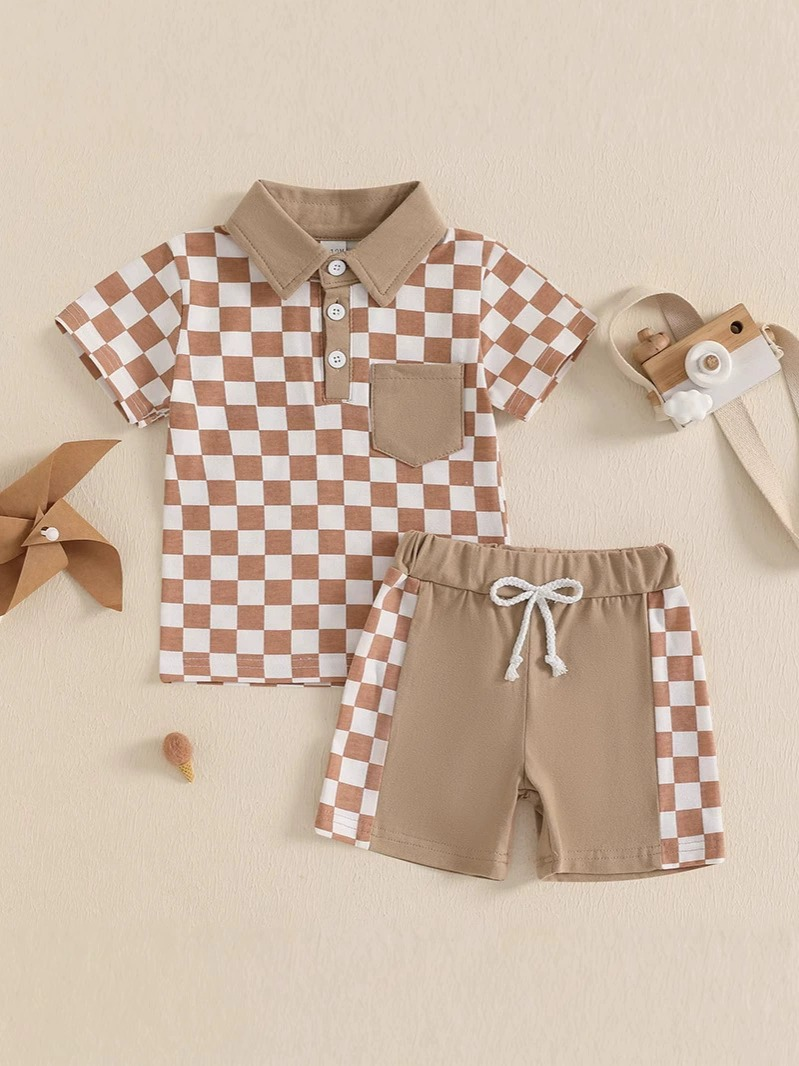 Baby boy khaki checkered summer outfit preorder