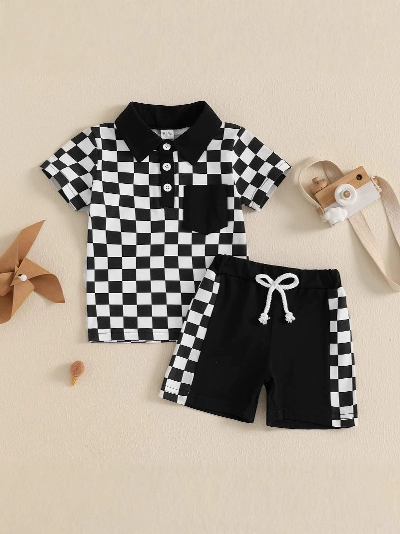 Baby boy black checkered summer outfit preorder