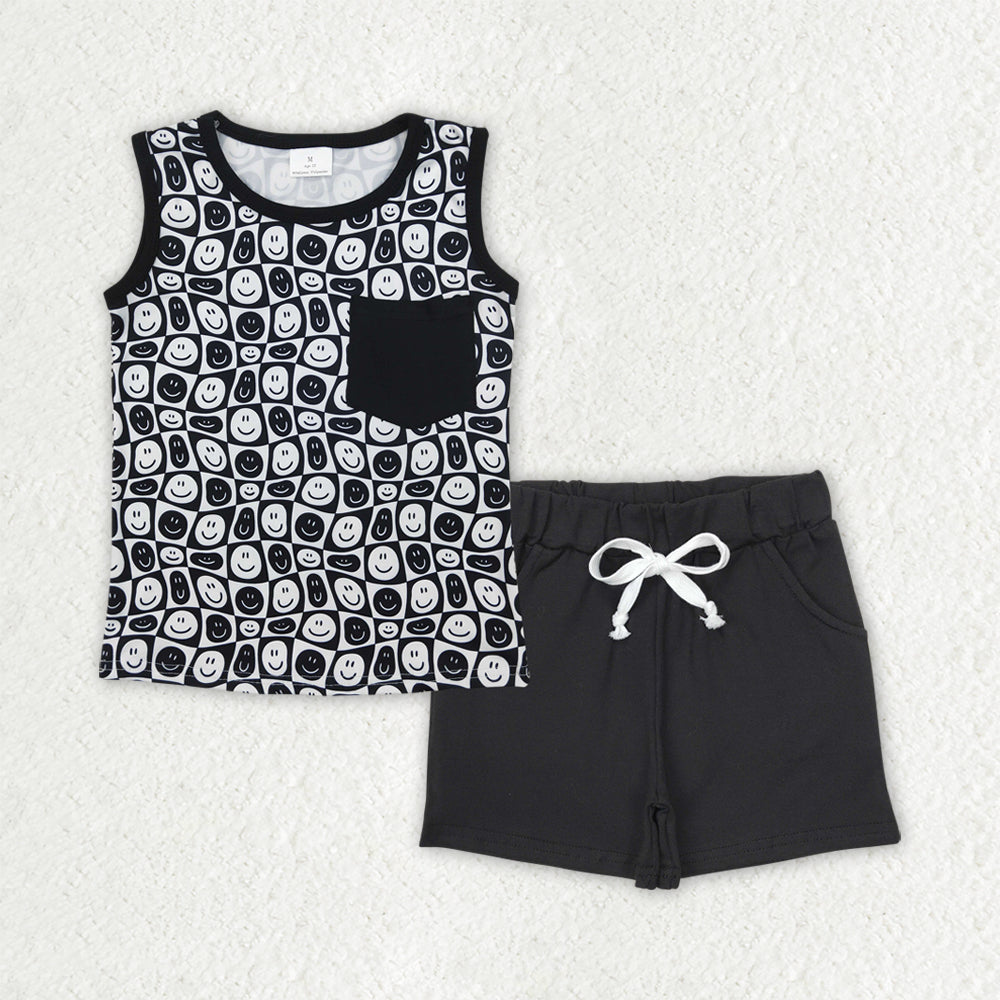 Smile face shirt black shorts boy summer outfit