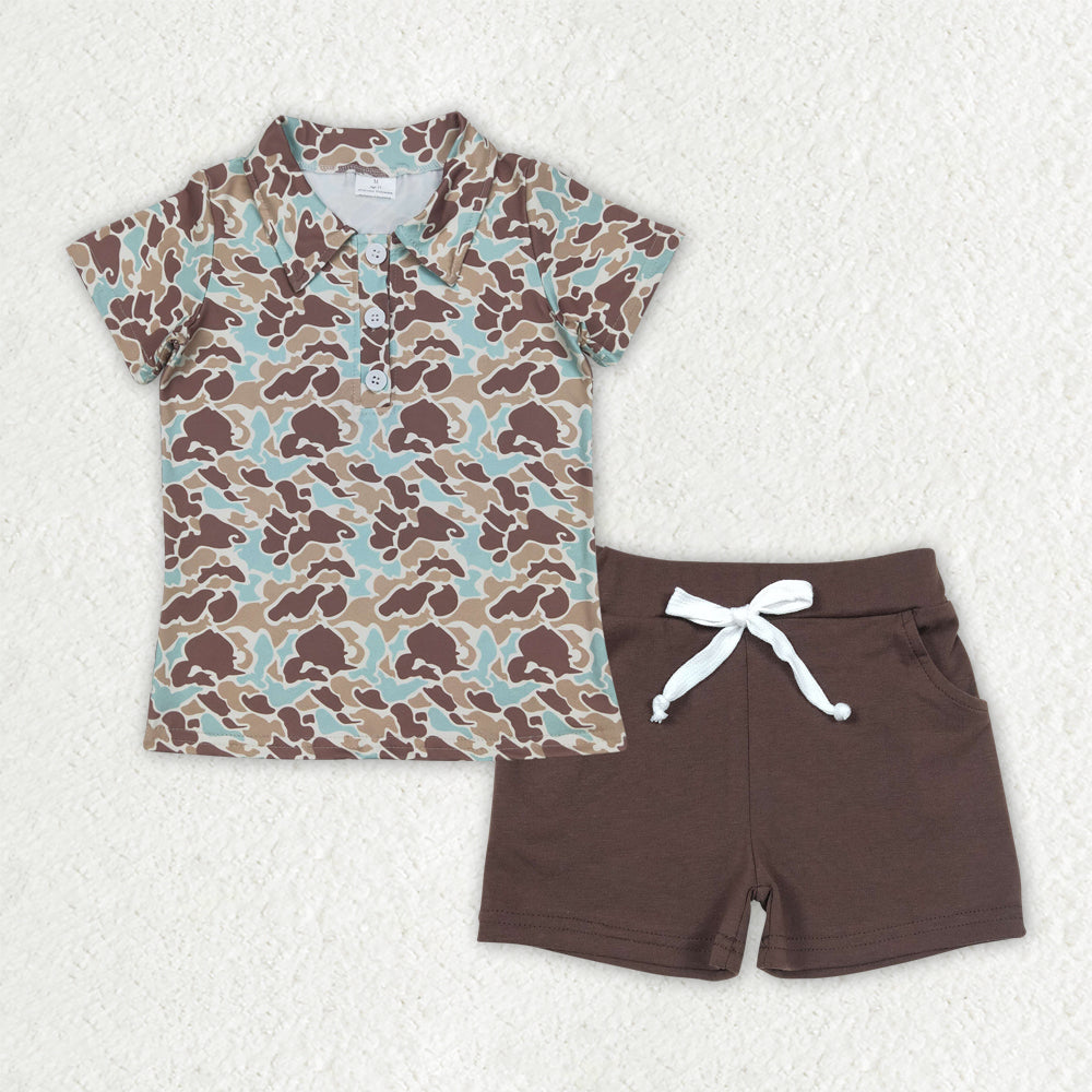 Camo shirt brown shorts boy summer outfit