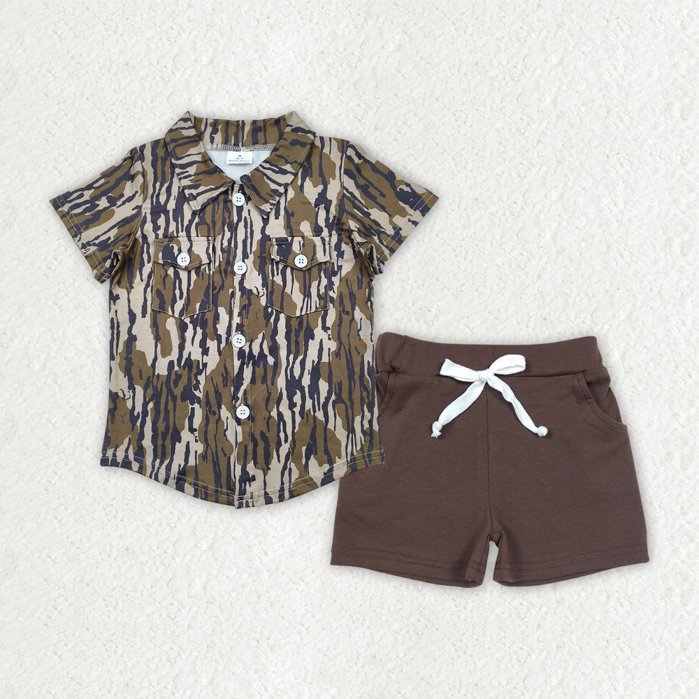 camo shirt matching brown shorts boy summer outfit