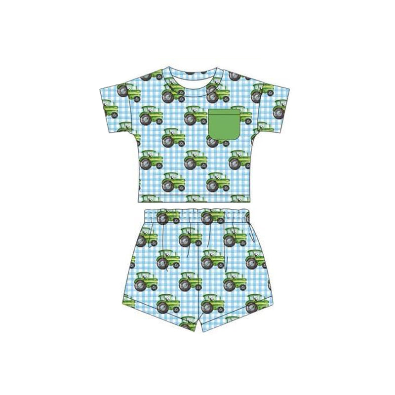 Toddle boy kids green farm tractor summer short set preorder