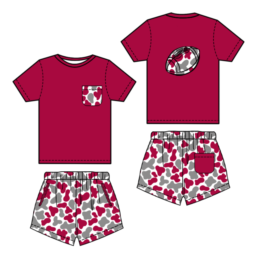 Football maroon shirt camo shorts kids boys summer outfit preorder