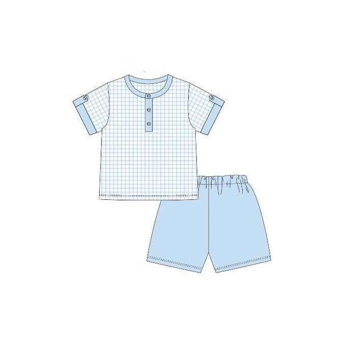 Blue plaid top matching shorts boy summer outfit preorder