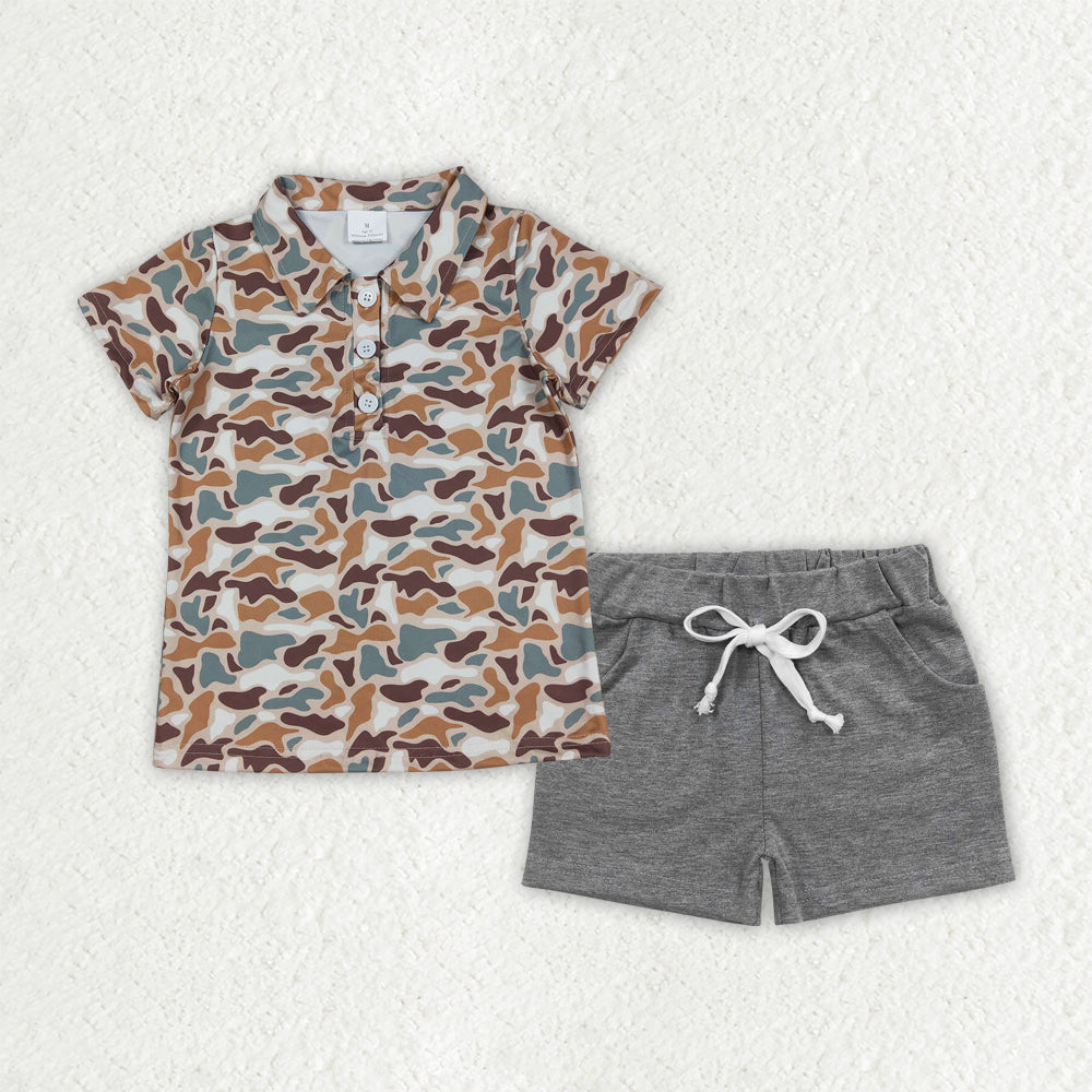 Camo shirt matching grey shorts boys summer outfit