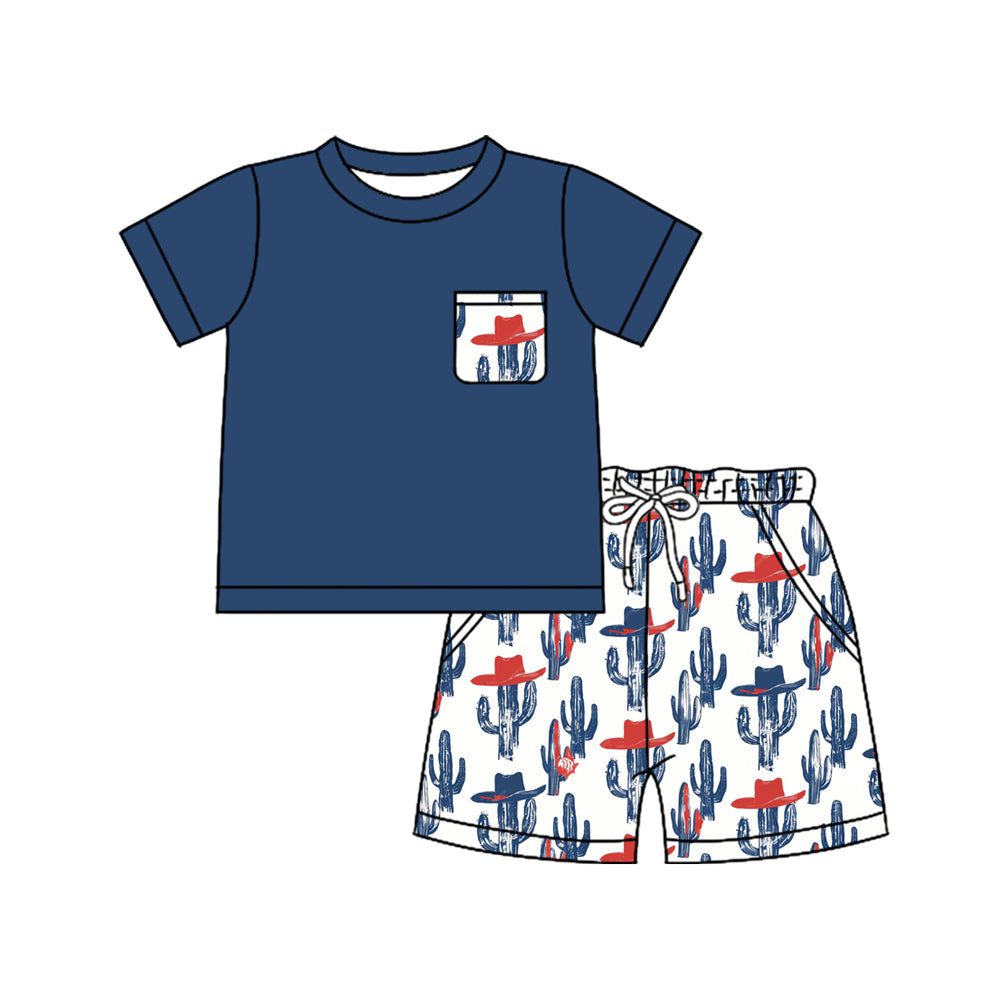 Western cactus pocket top matching shorts boys summer outfit preorder
