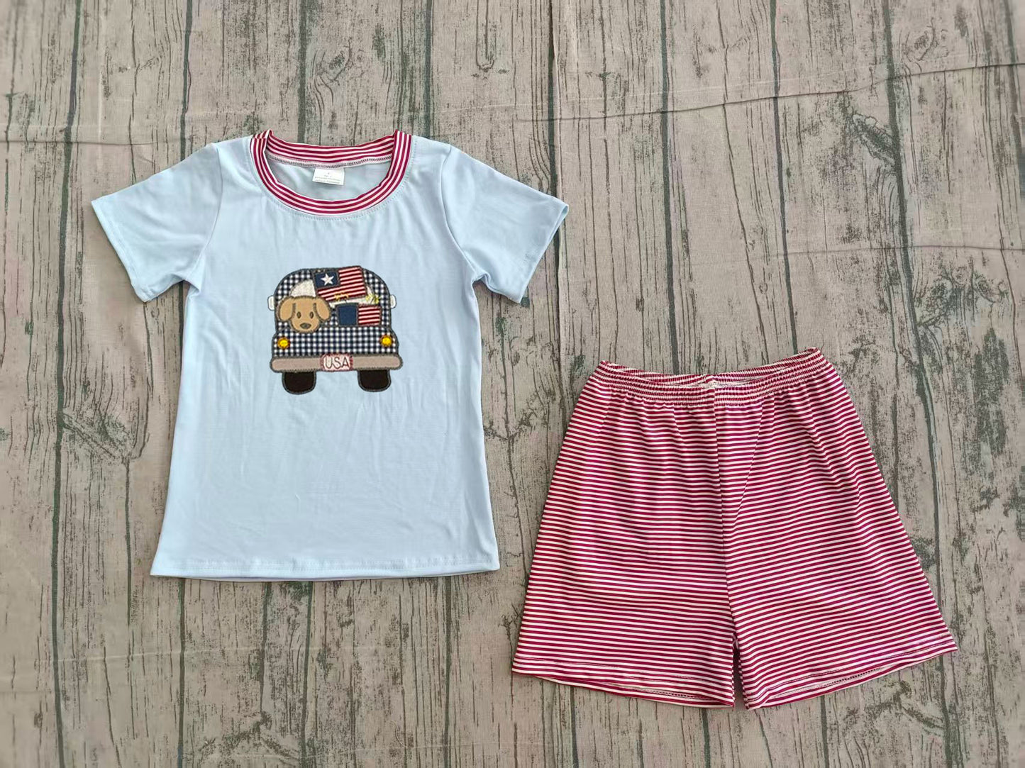 American embroidery flag car design baby boy summer outfit preorder