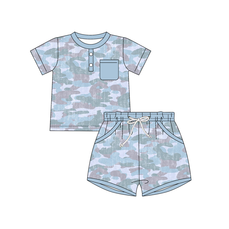 Blue brown camouflage top matching shorts boy summer outfit preorder