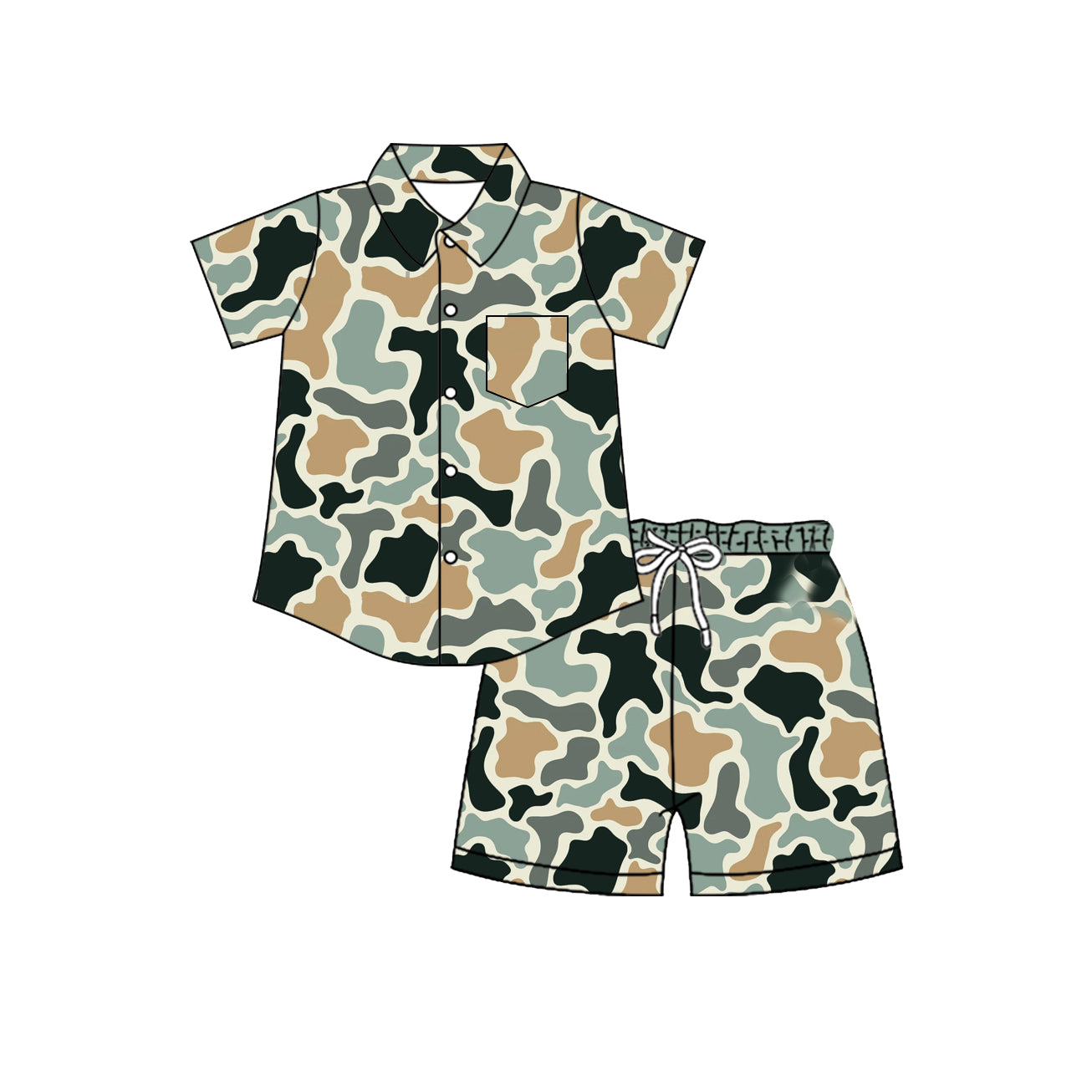 Blue black camo short sleeve button down top matching shorts toddle baby boy outfit preorder