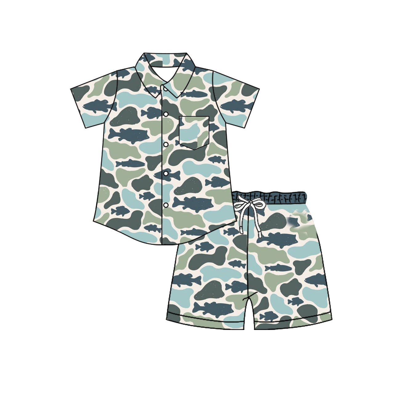 Blue green camo short sleeve button down top matching shorts toddle baby boy outfit preorder
