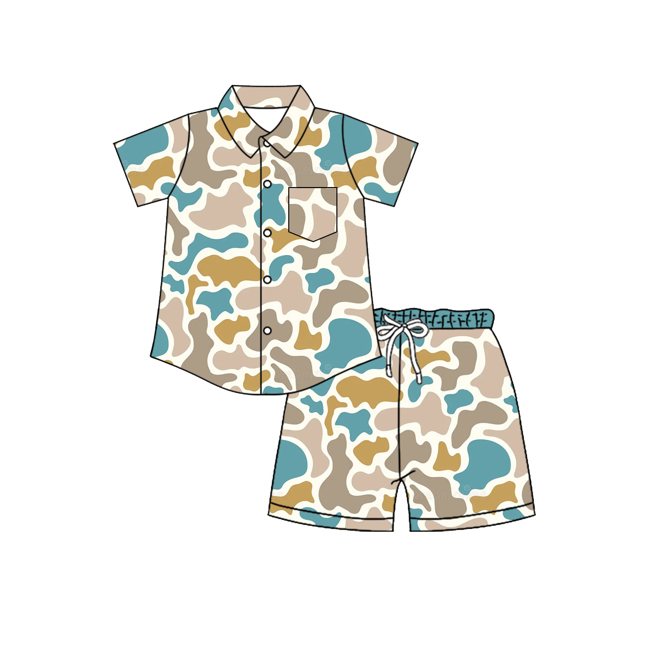 Blue khaki camo short sleeve button down top matching shorts toddle baby boy outfit preorder