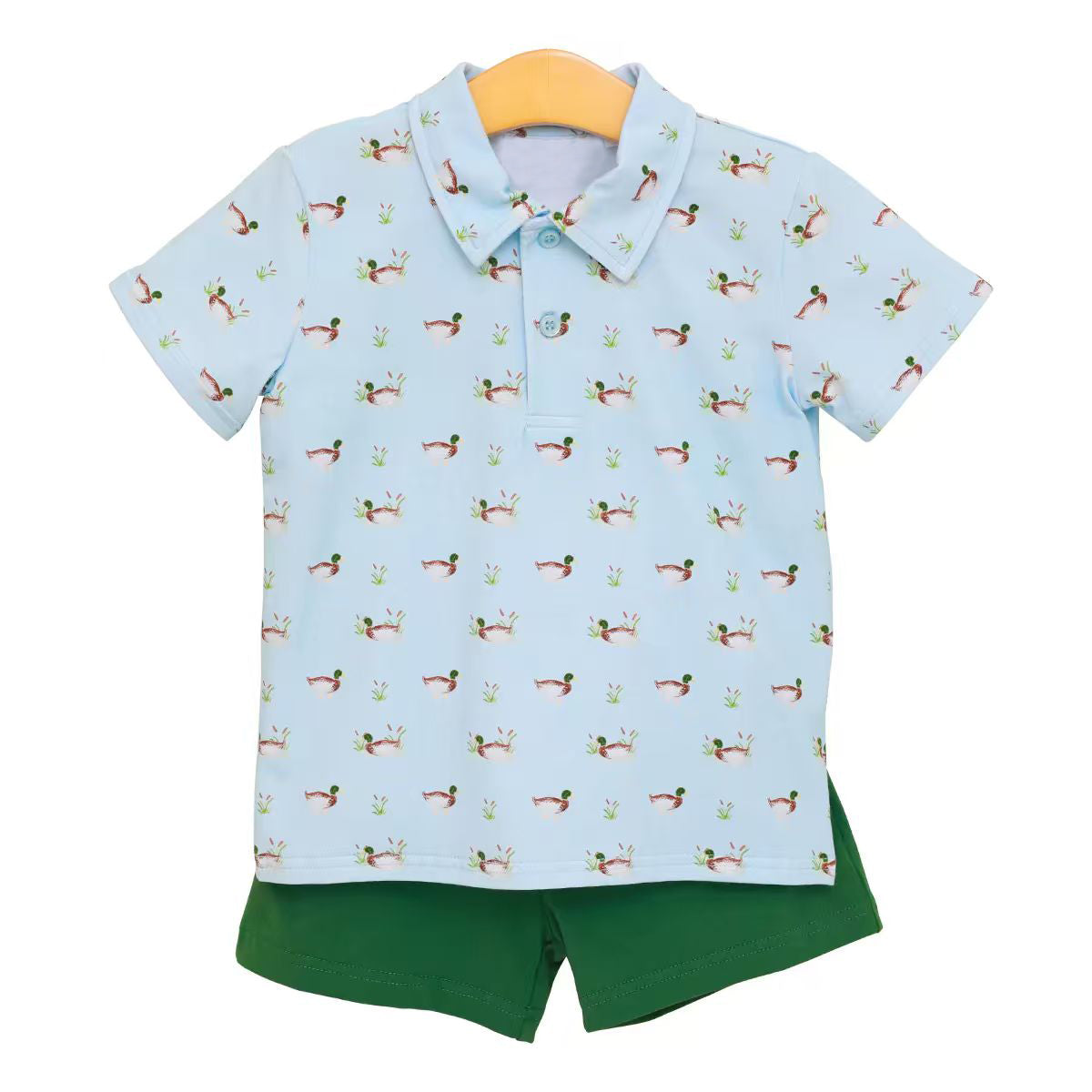 Mallard duck design top matching green shorts boy summer outfit preorder