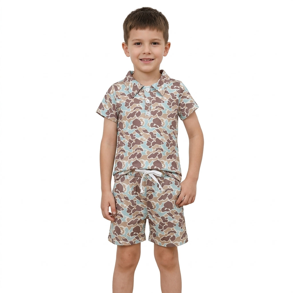 Blue khaki camo t-shirt button top matching shorts boy summer new outfit