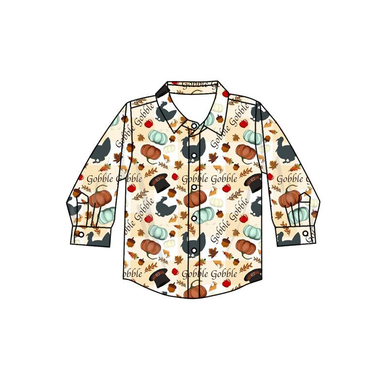 Thanksgiving gobble baby boy long sleeve button down shirt preorder