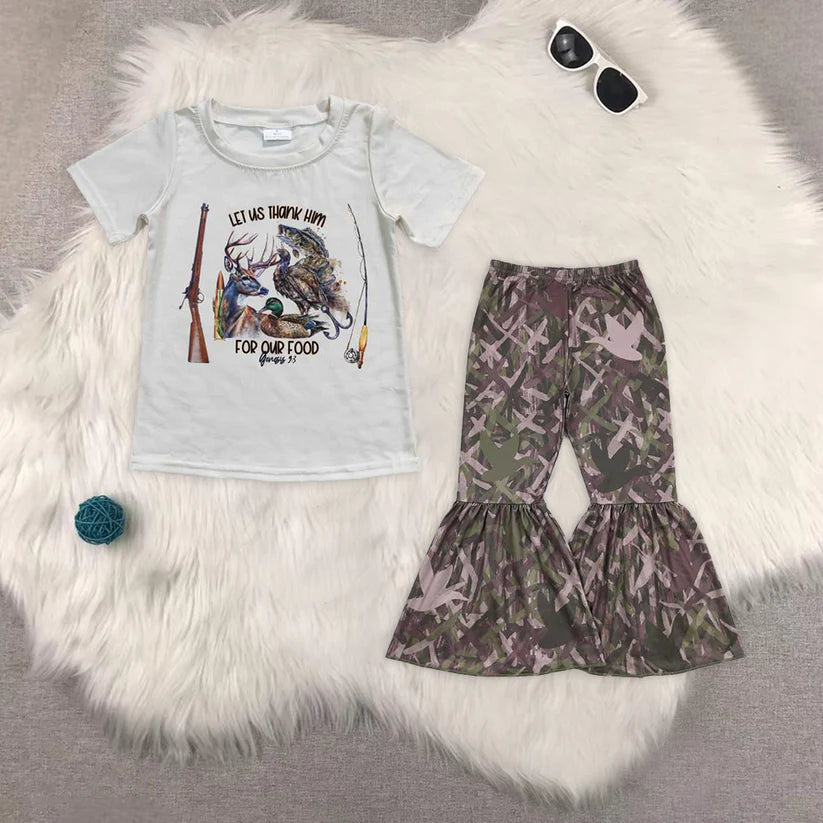 BT0340+P0311 Hunting season shirt camo bell bottoms girls pants set