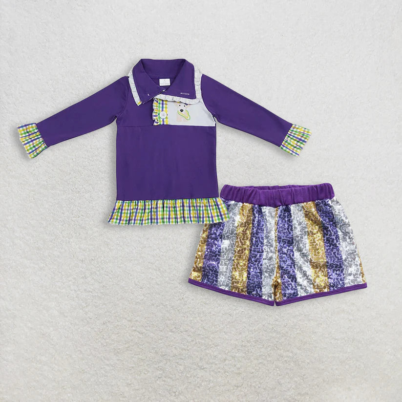 Mardi Gras long sleeve top sequins shorts clothes set
