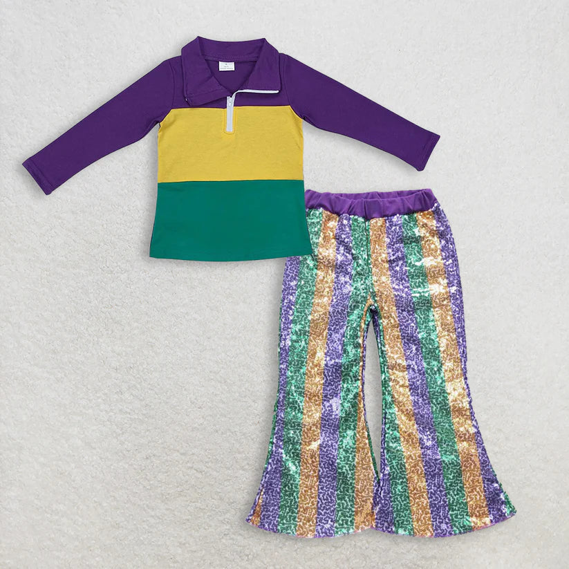 Mardi Gras long sleeve top sequins bell bottoms clothes set