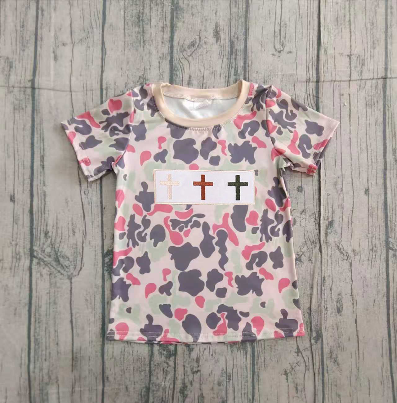 Embroidery easter cross kids short sleeve top preorder
