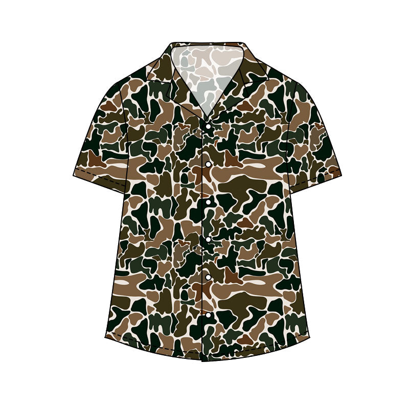 Adult man dark green brown print short sleeve button shirt top preorder