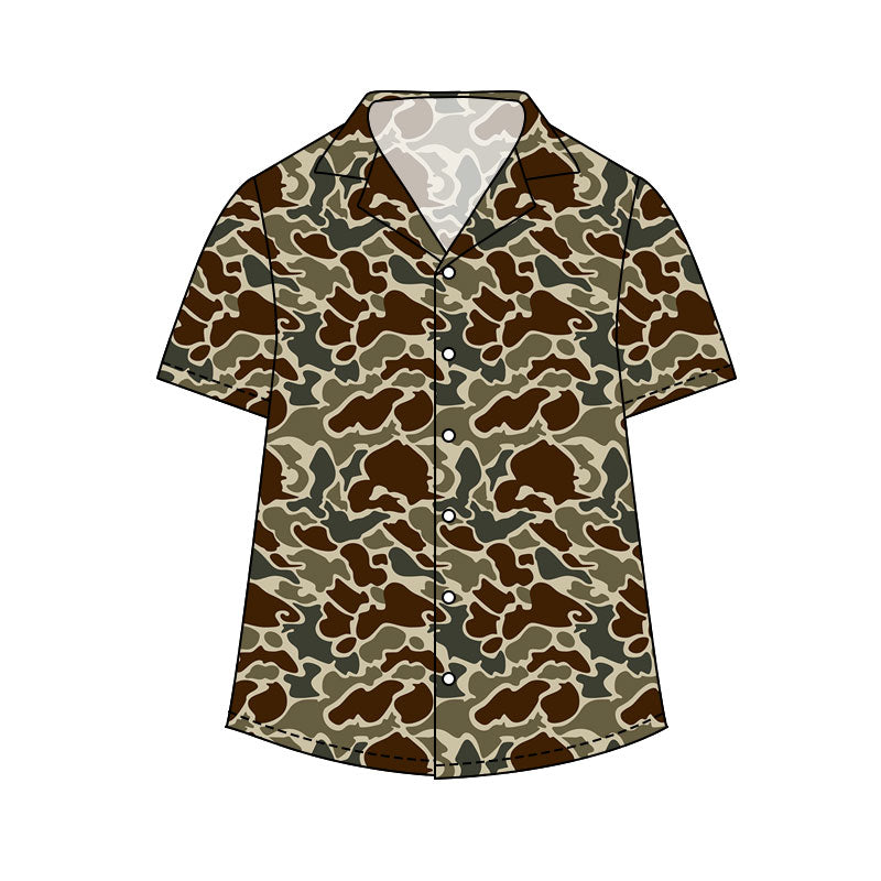 Adult man dark brown camo print short sleeve button shirt top preorder