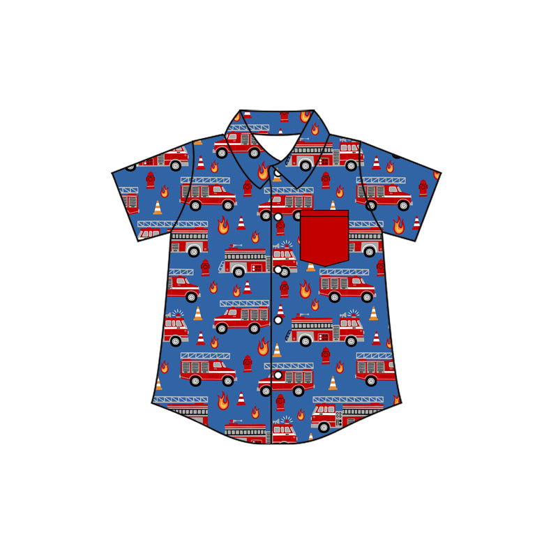 fire fighting truck boys short sleeve summer button down shirt preorder