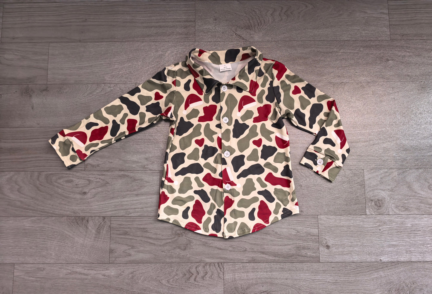Christmas green red camo print kids boy long sleeve button down t-shirt top preorder