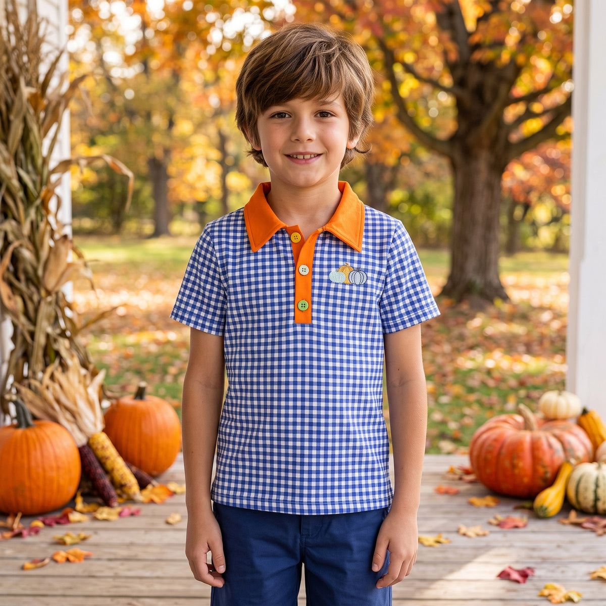 Fall Pumpkin embroidery print boys short sleeve pullover shirt