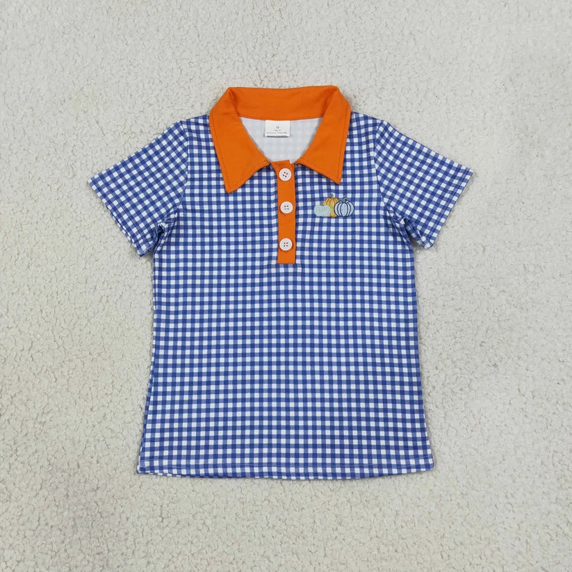 Embroidery Pumpkin truck print boys short sleeve pullover shirt