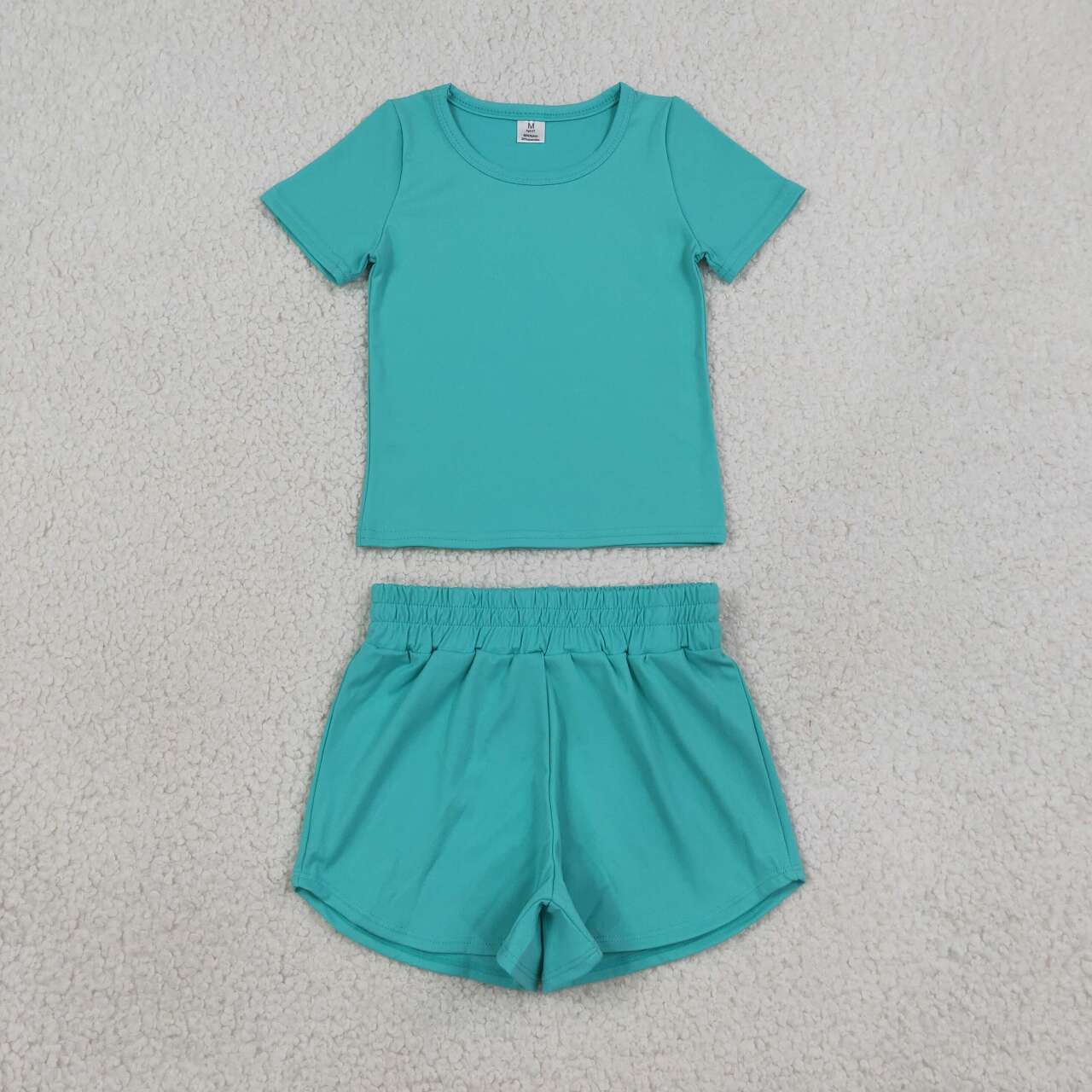 Turquoise color yoga top matching shorts girls summer outfit
