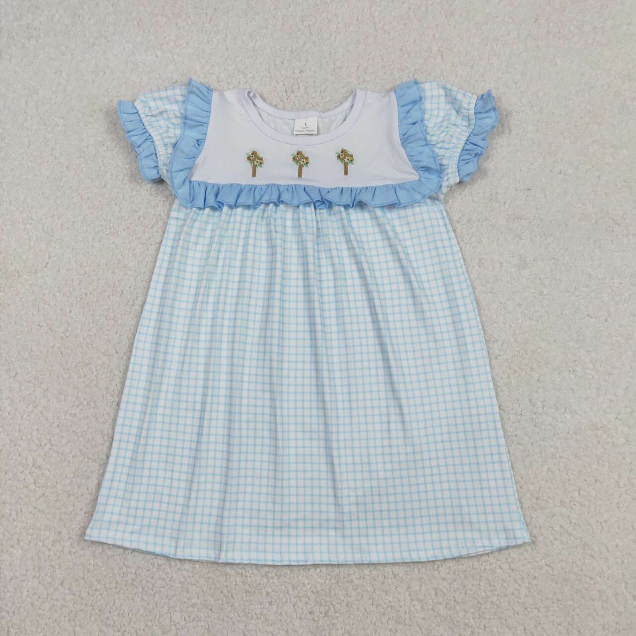 Easter embroidery cross design girls short sleeve dress