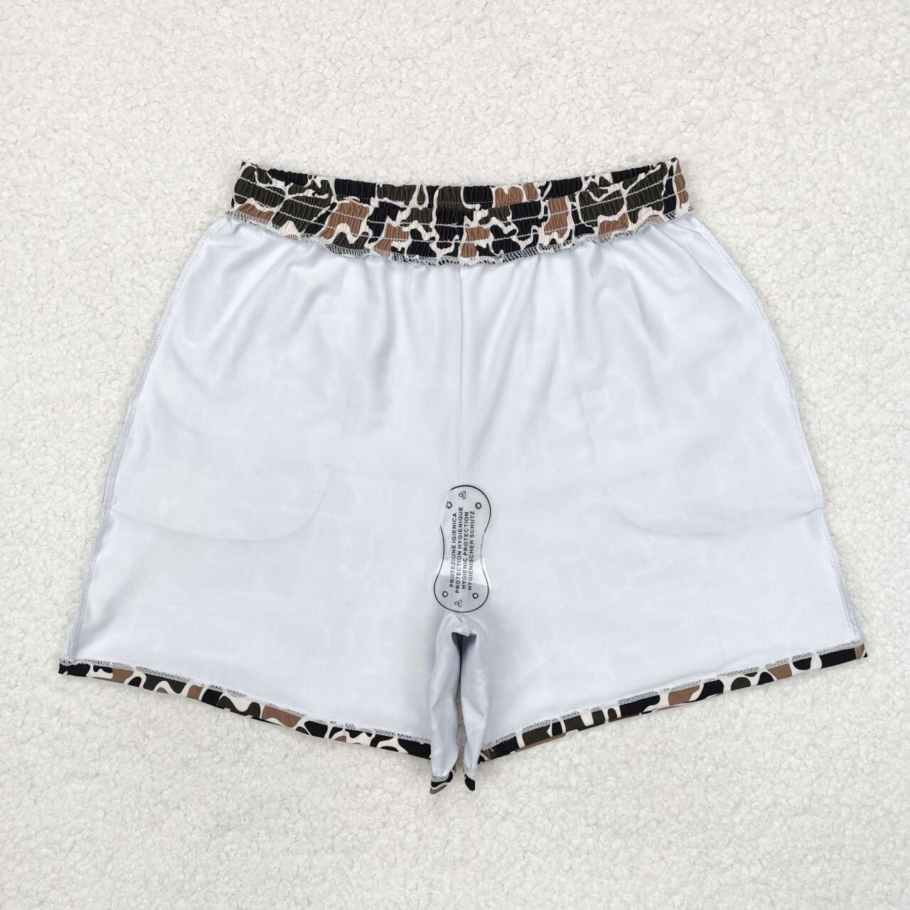 Adult man dark green brown camo summer swim trunks