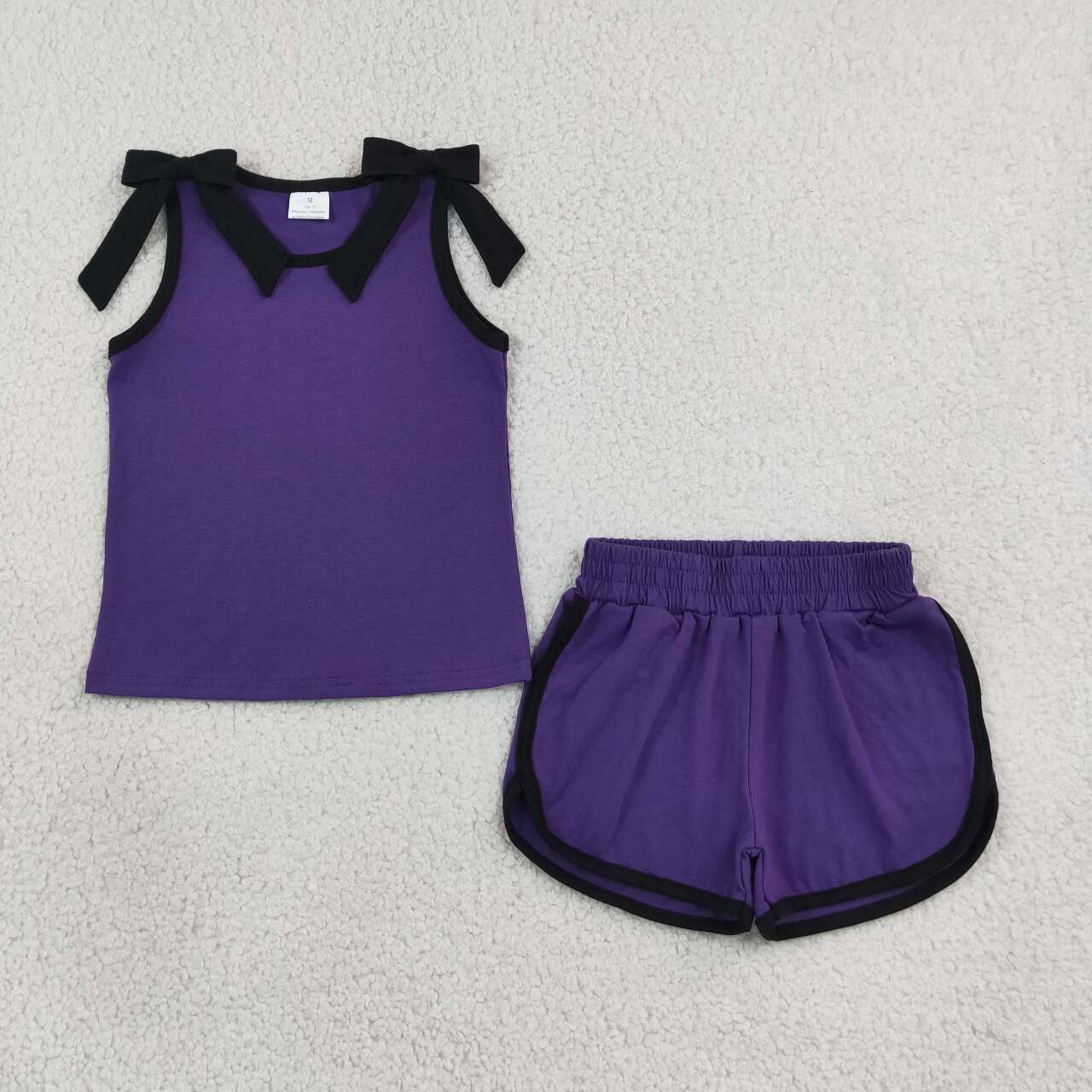 Purple black bow design top matching shorts girls summer outfit