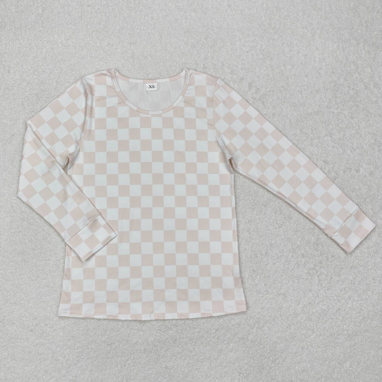 Adult womem khaki checkered long sleeve top