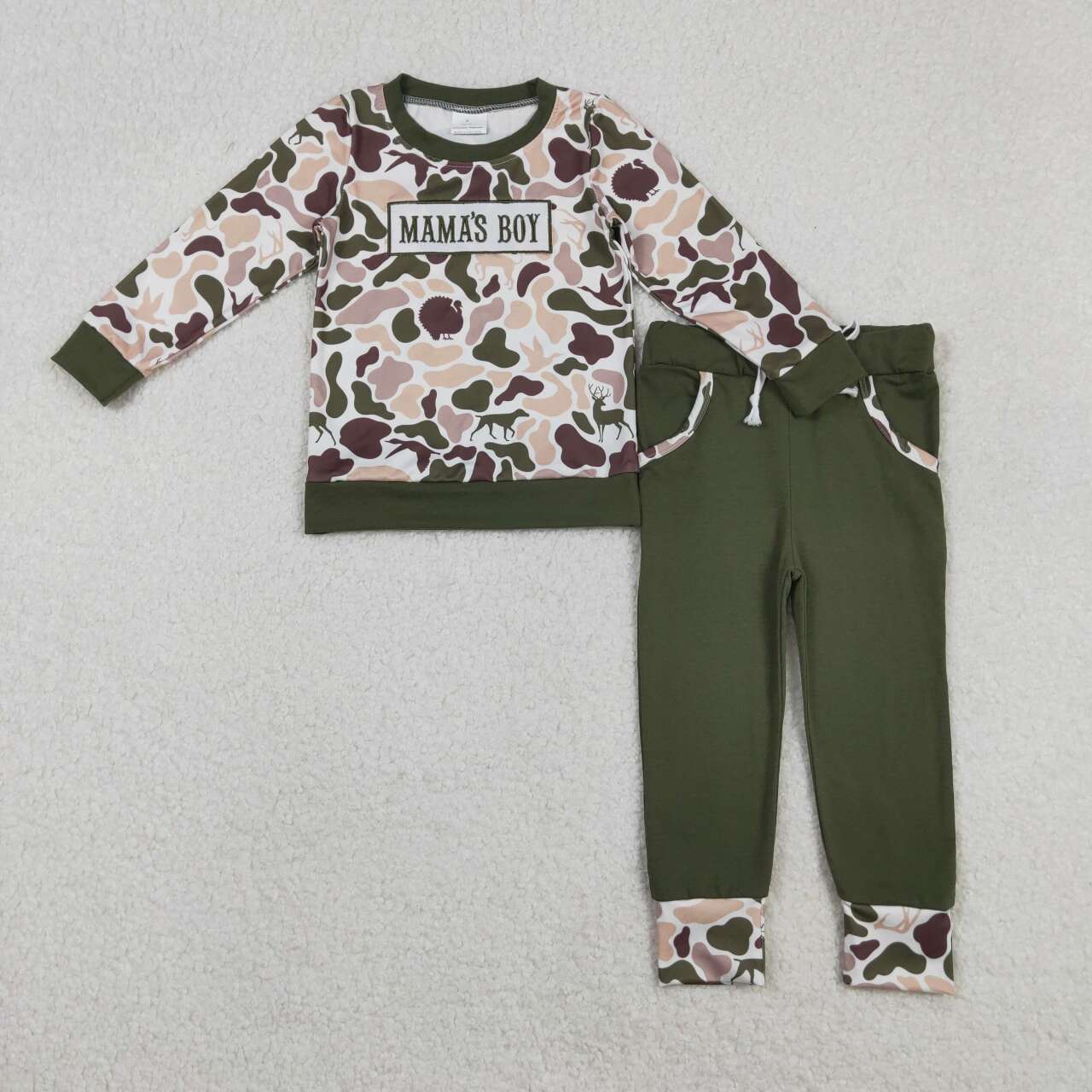 Embroidery mamas boy deer dog camo top matching pants outfit