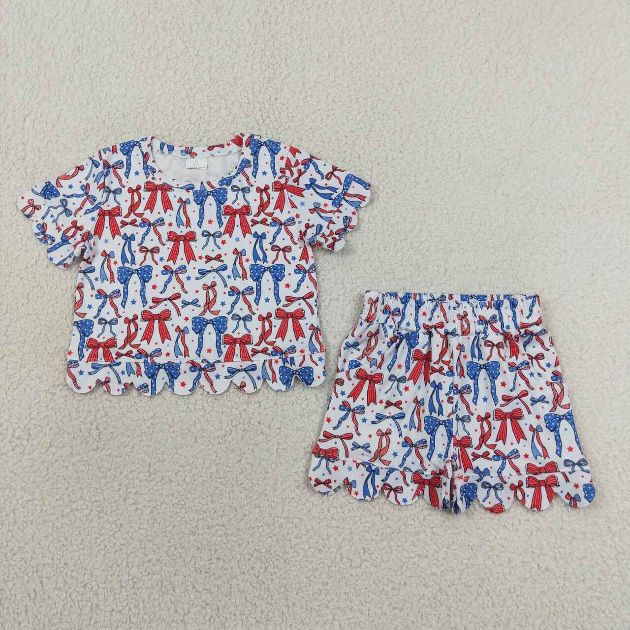 July 4th red blue bow top matching shorts girl summer clothes