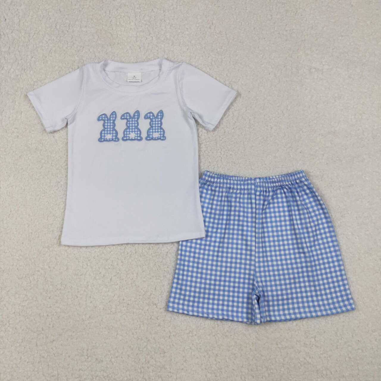 Embroidery Easter bunny top blue plaid shorts baby boy outfit