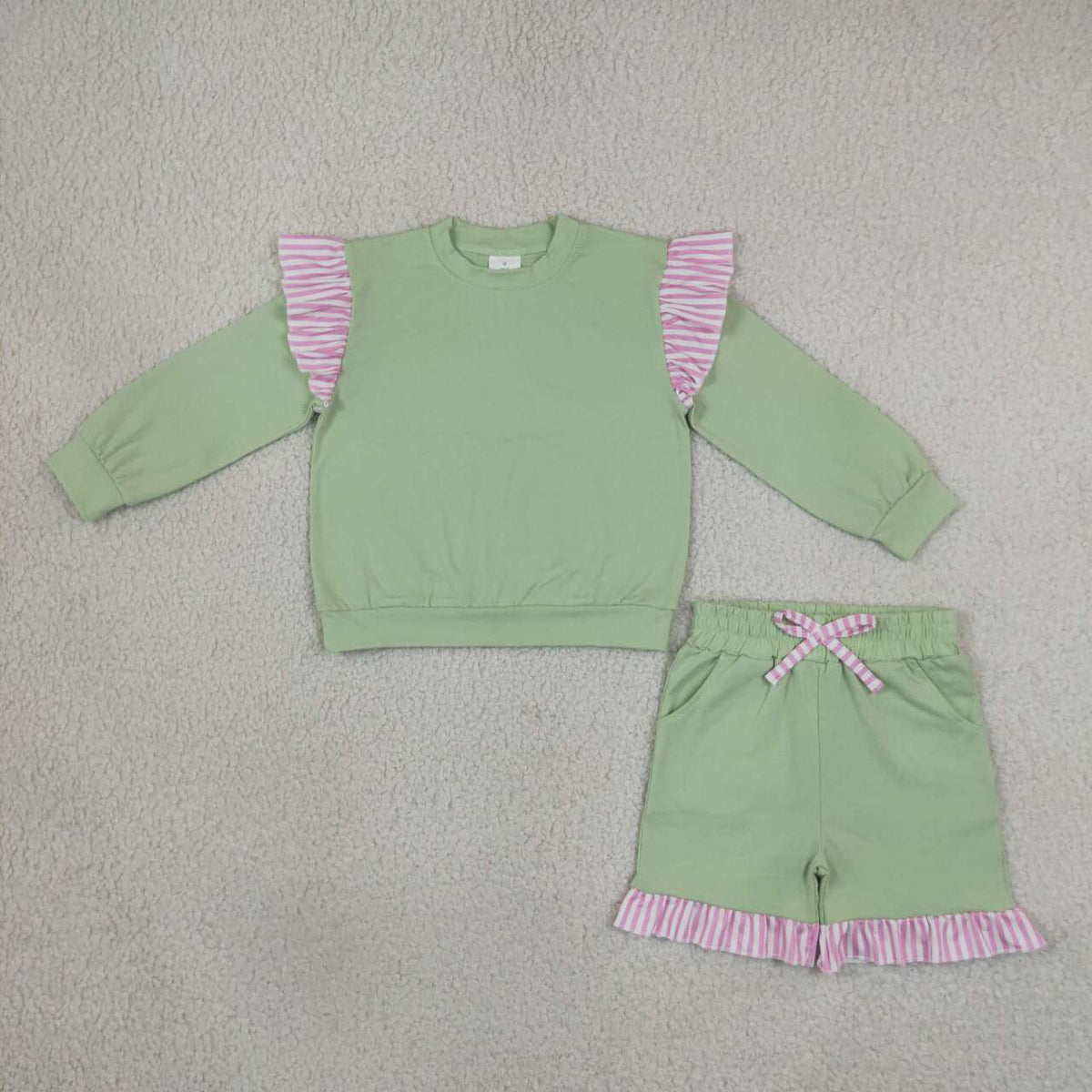 Pea Green long sleeve top matching shorts girls outfit