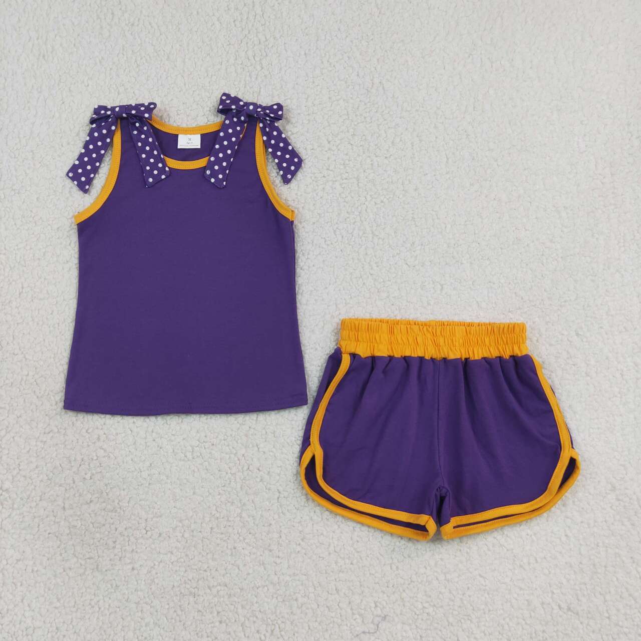 Purple dots bow top matching shorts girls summer outfit