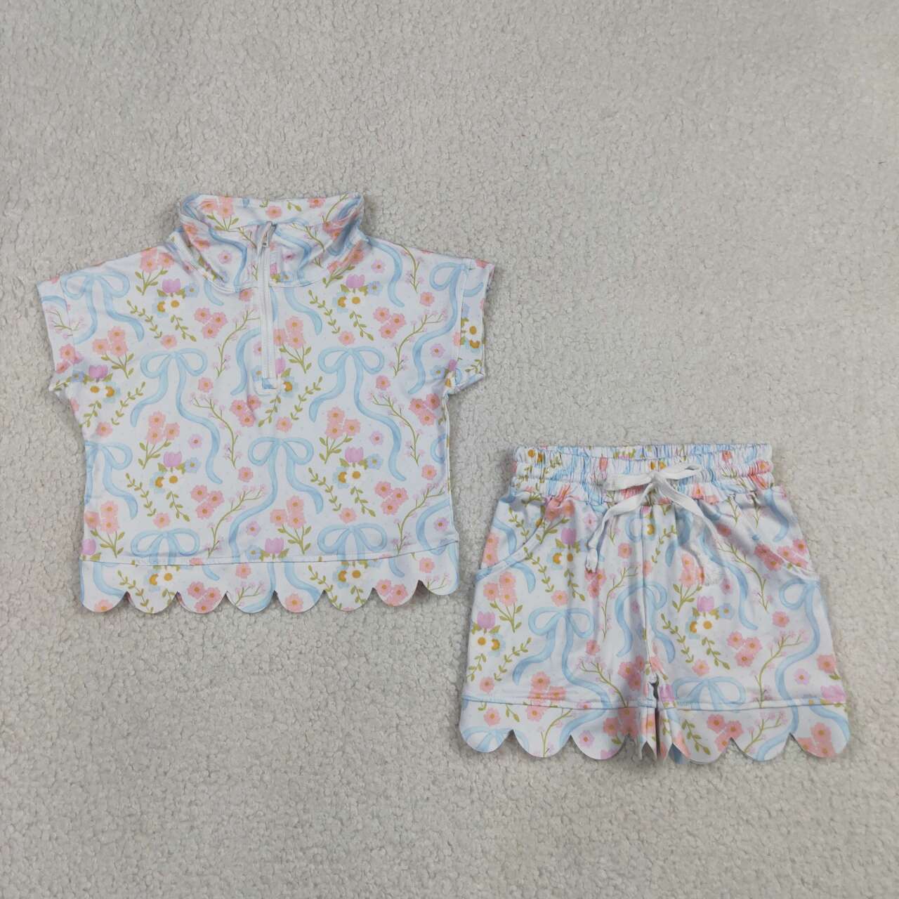 Pink flowers blue bow short sleeve pullover top matching shorts girl summer outfit