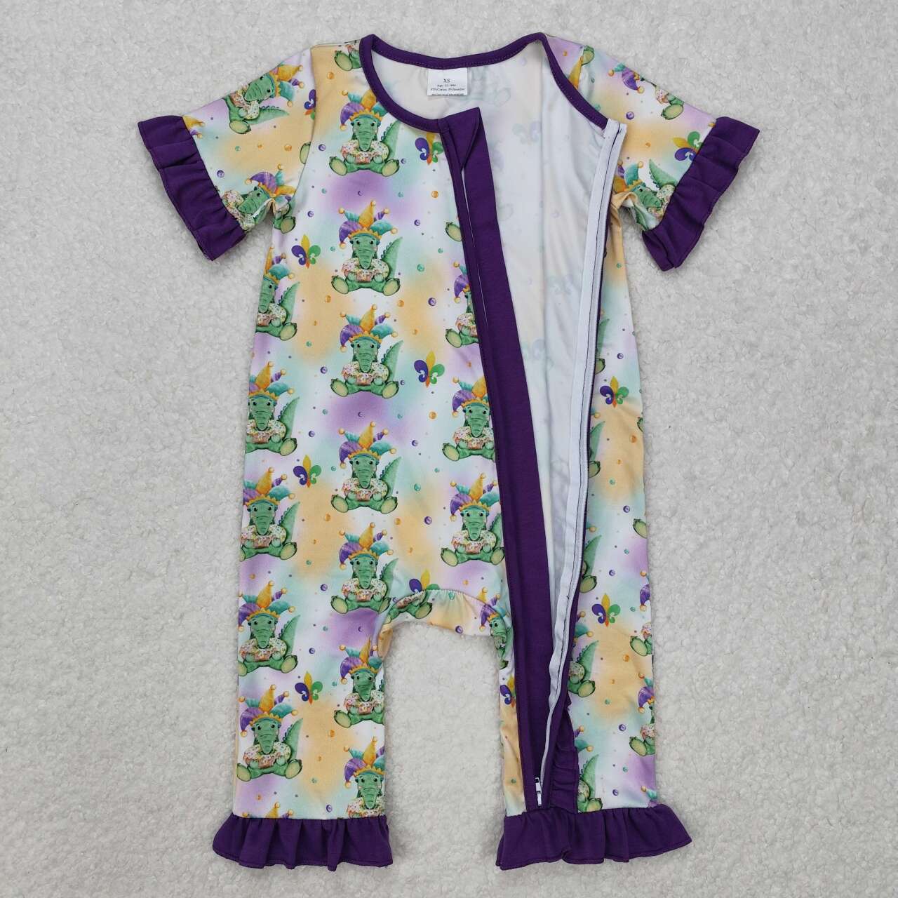 Mardi Gras flower print short sleeve purple zip romper
