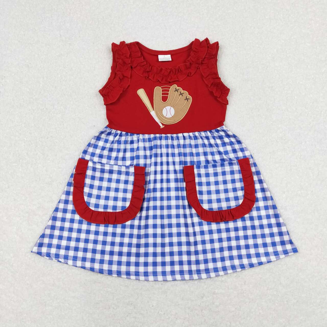 toddle girls embroidery baseball blue gingham dress