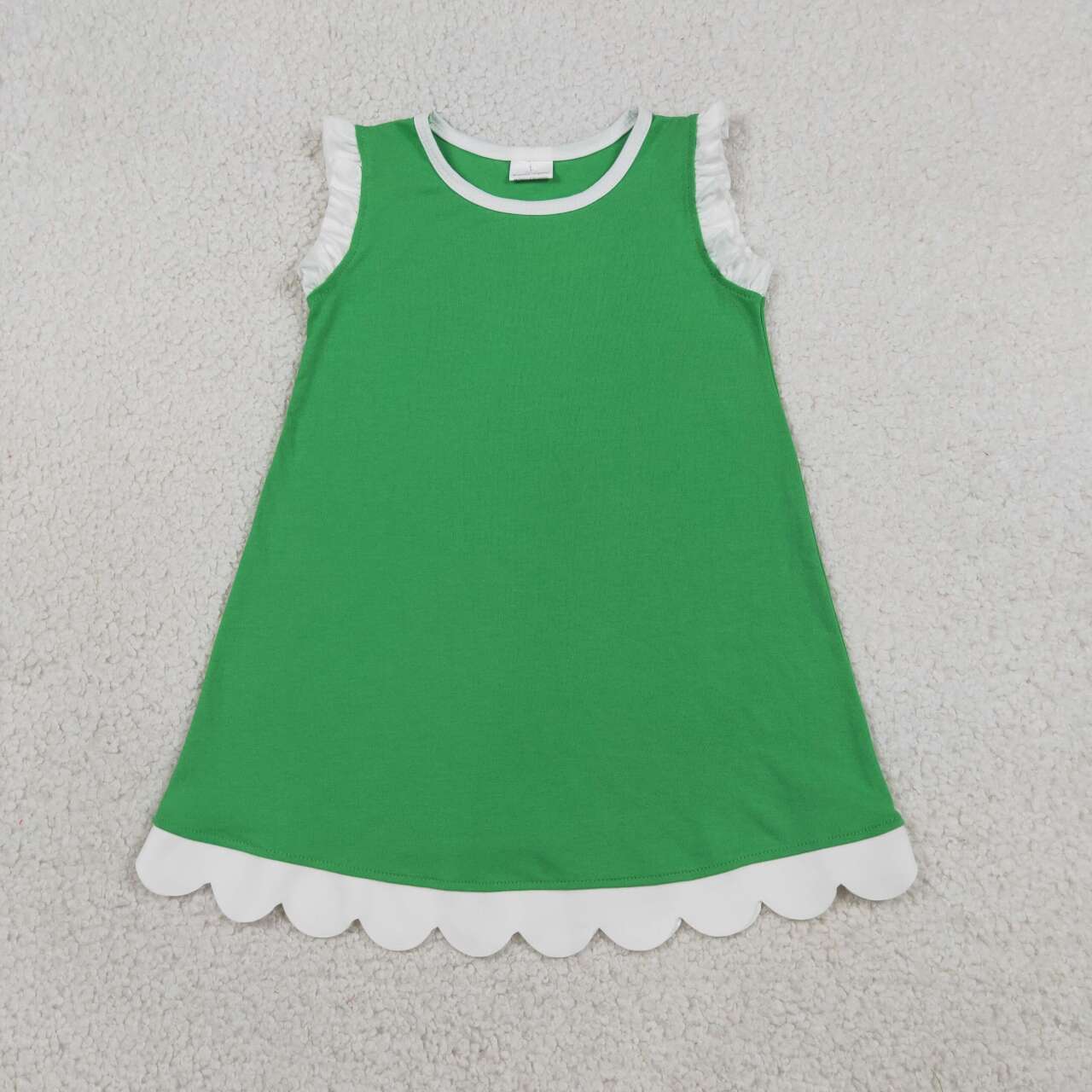 Green color white ruffle girls summer dress