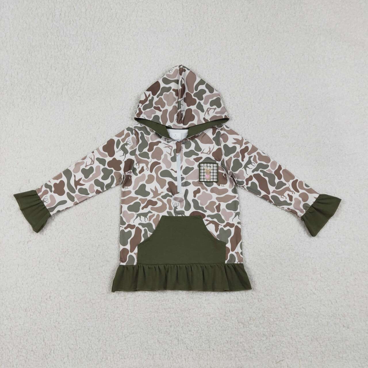 Baby girl green camo embroidery duck reindeer design long sleeve hoodie top