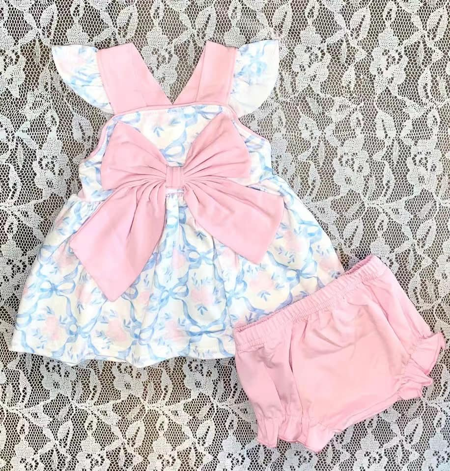 Toddle girls blue bow summer bummie set preorder