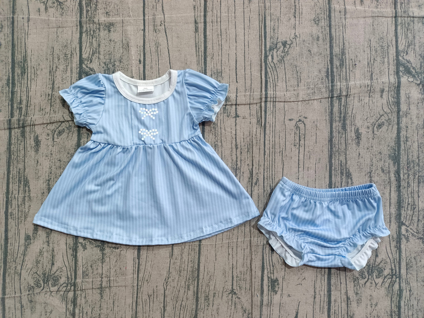 baby girl blue stripes embroidery bummies outfit preorder