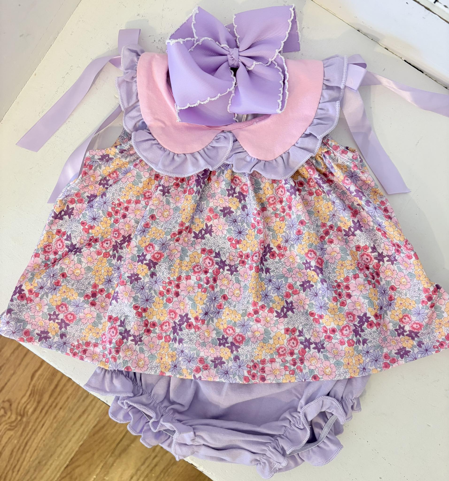lavender yellow floral print girls summer bummies outfit preorder